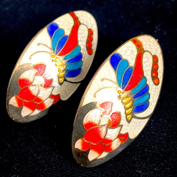 Cloisonné Enamel Oval Butterfly Earrings Pierced - Picture 1 of 7